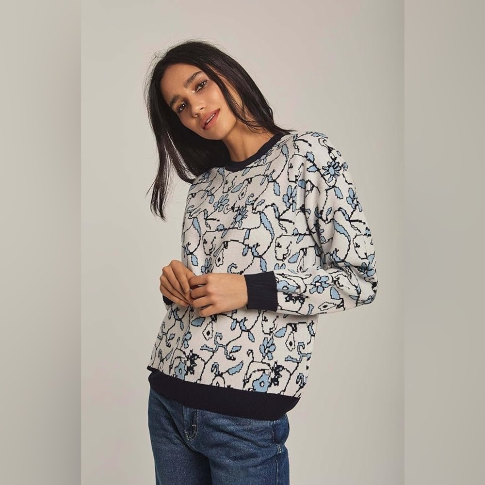 Black Hem & Blue White Floral Jacquard Crewneck Long-Sleeve Pullover Sweater XS